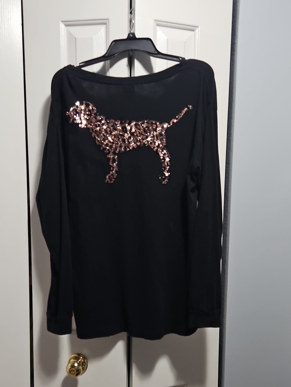 RARE HTF Victoria's Secret Pink Bling Long Sleeve Campus Tee Leopard Dog
